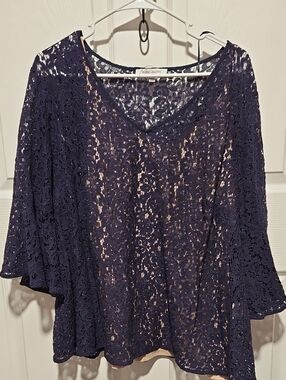 Rose & Olive Navy Floral Lace V-Neck Blouse